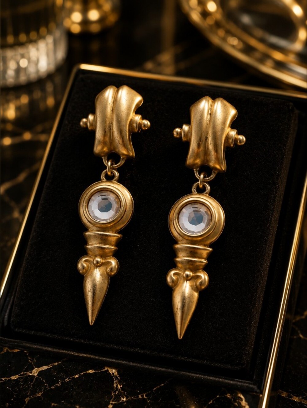 Fabulous Vintage Gold Drop Dangle Earrings with Clear Stone ✨